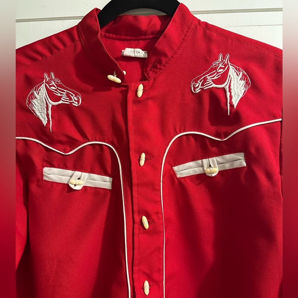 Vintage Bronco Red Western Shirt Embroidered Horse M Rockabilly Rodeo 1970s - Picture 4 of 13